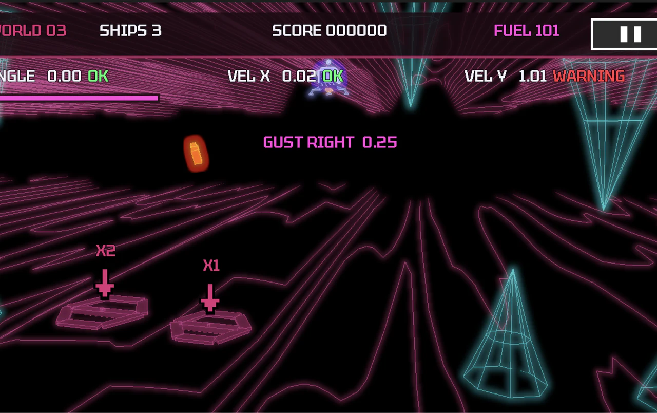 Neon Lander manoeuvring between the floor and ceiling of Venus Pressure Cave
