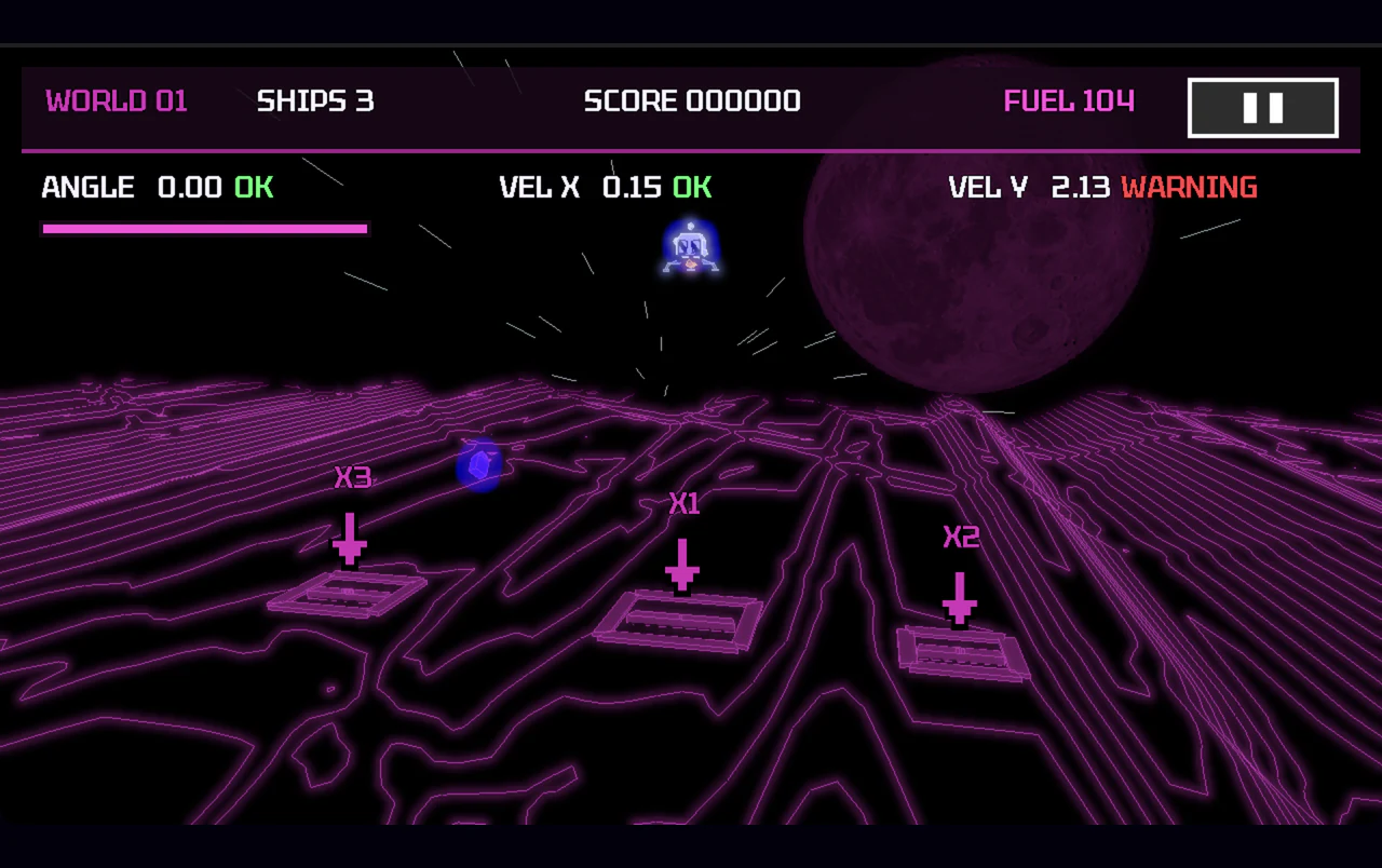Neon Lander descending above the Moon with three glowing landing pads