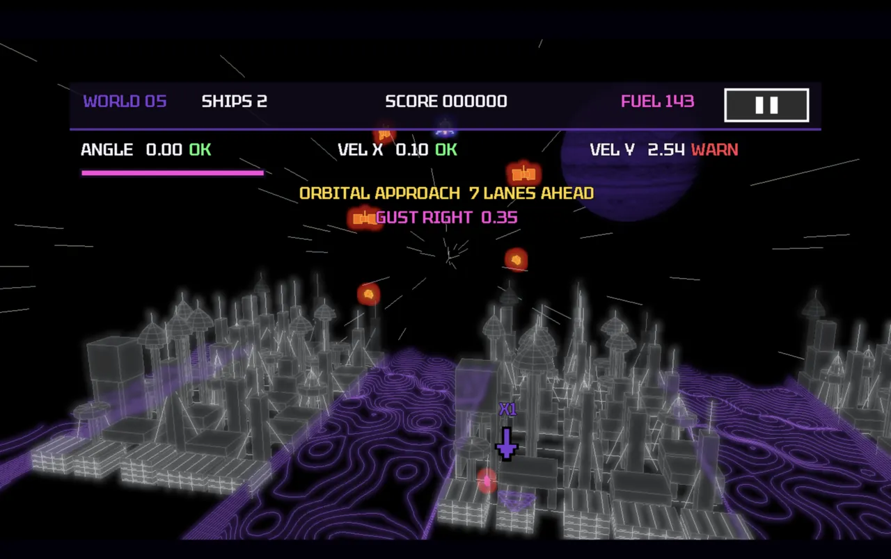 Neon Lander flying above a glowing futuristic city on Jupiter