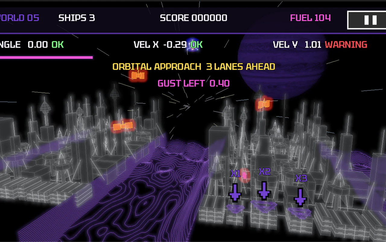 Neon Lander crossing the blue Jupiter Skydeck beneath a streaking starfield