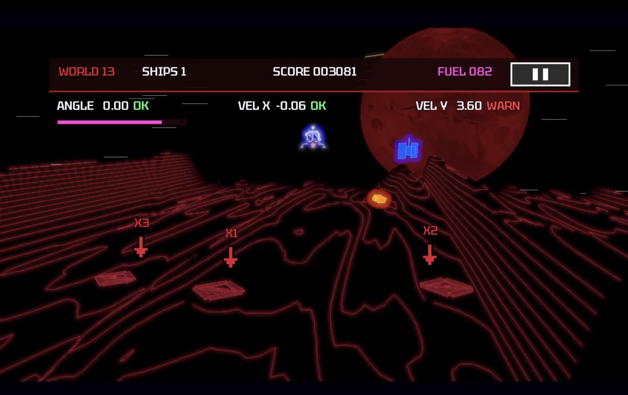 Neon Lander approaching landing pads across a red Martian landscape