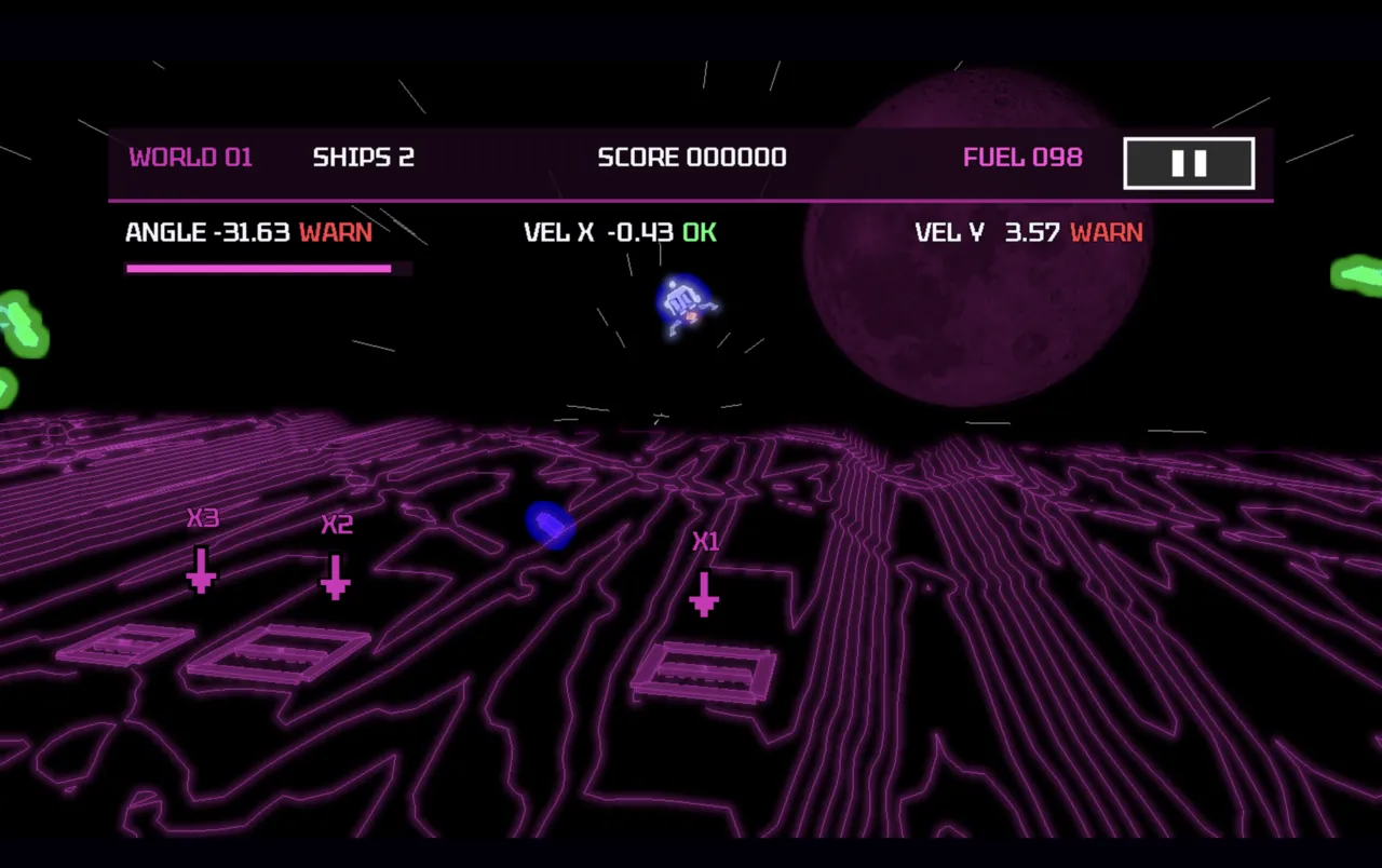 Neon Lander descending over the Moon towards three glowing landing pads