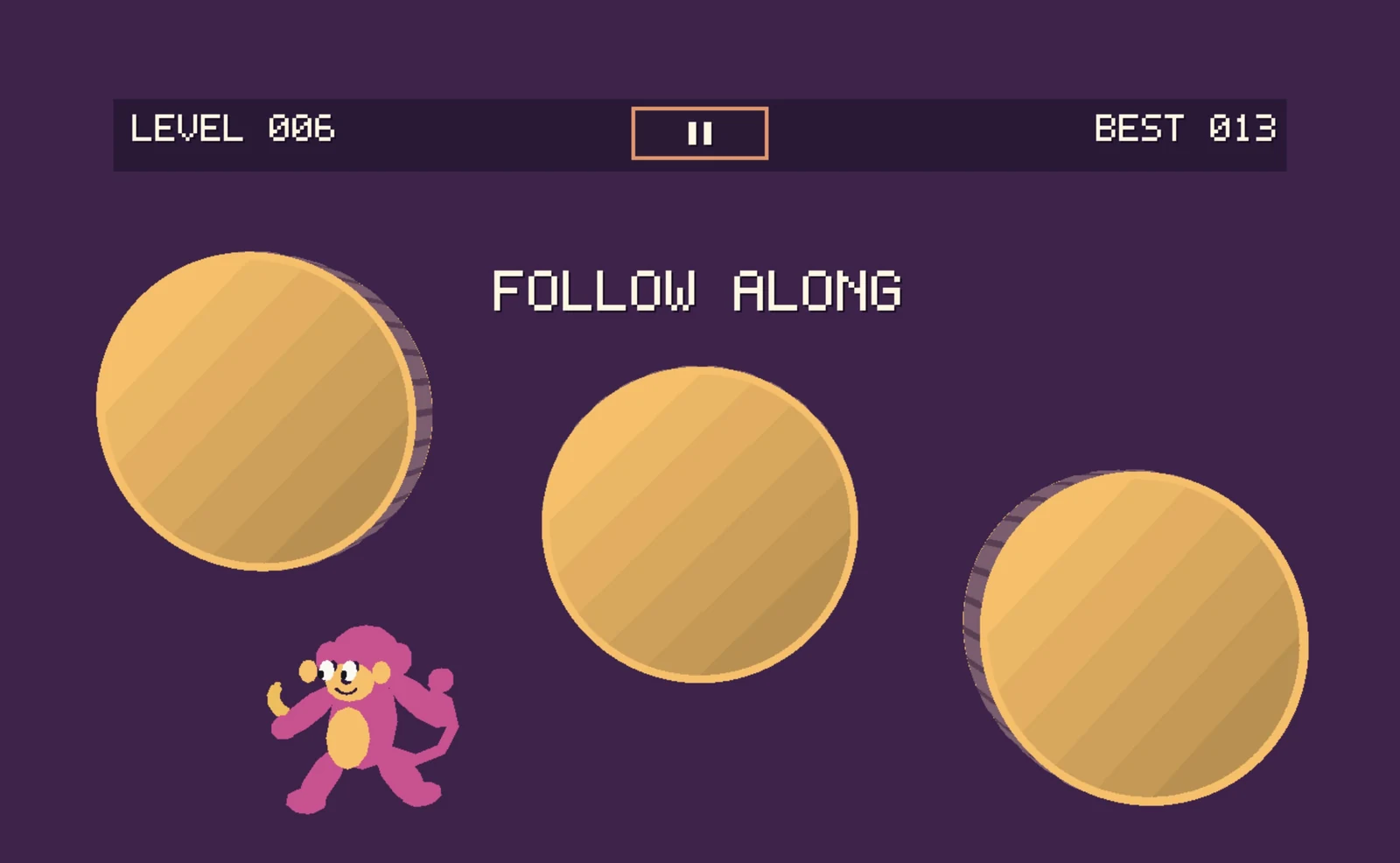 A bright pink monkey running across the arena while three coins shuffle